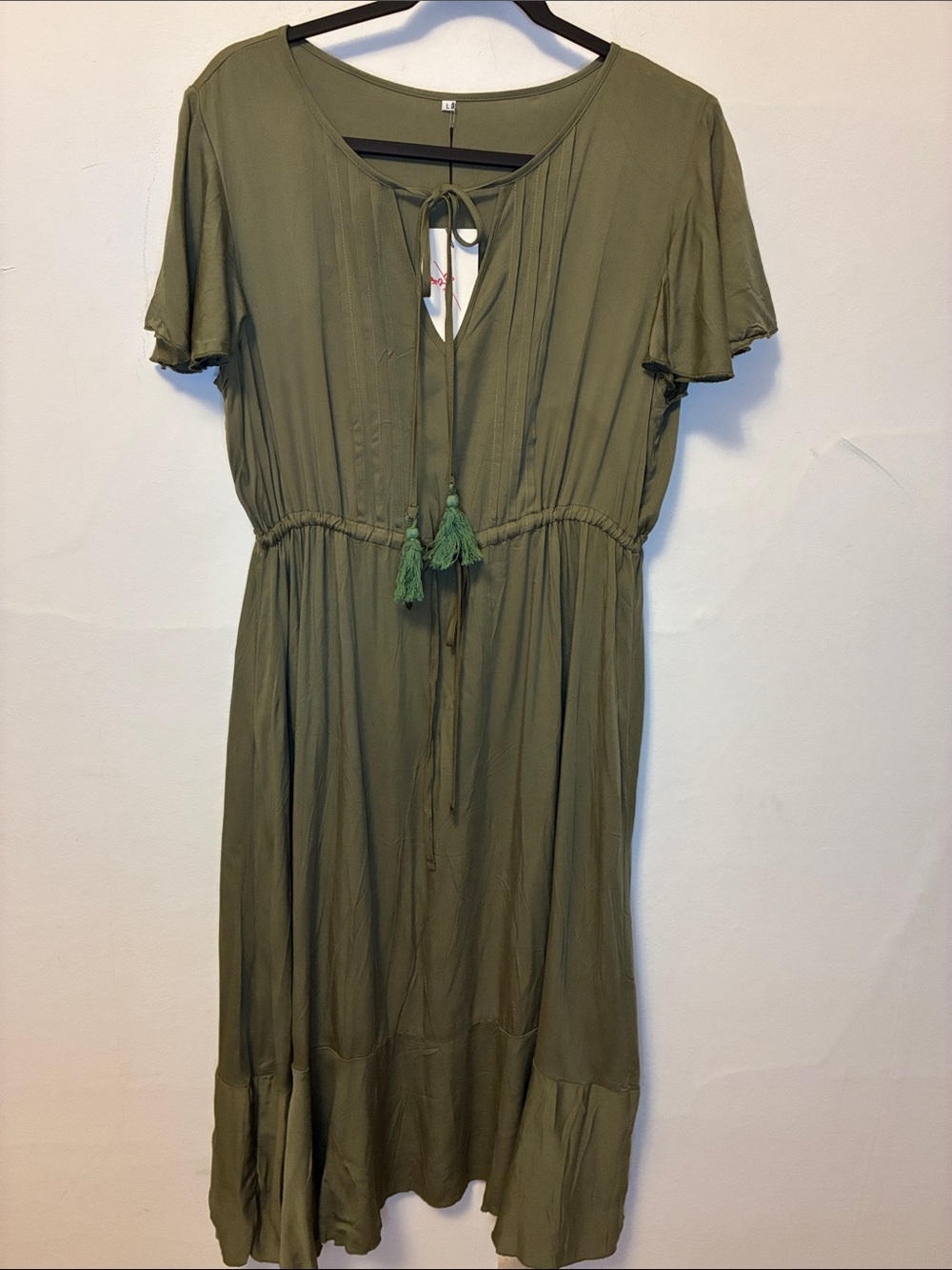 NWT Doublju Olive Green Tie-Front Midi Dress with Tassels